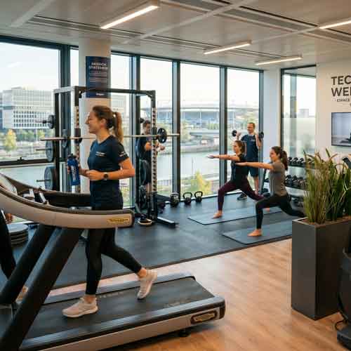 Séance de fitness collective en entreprise
