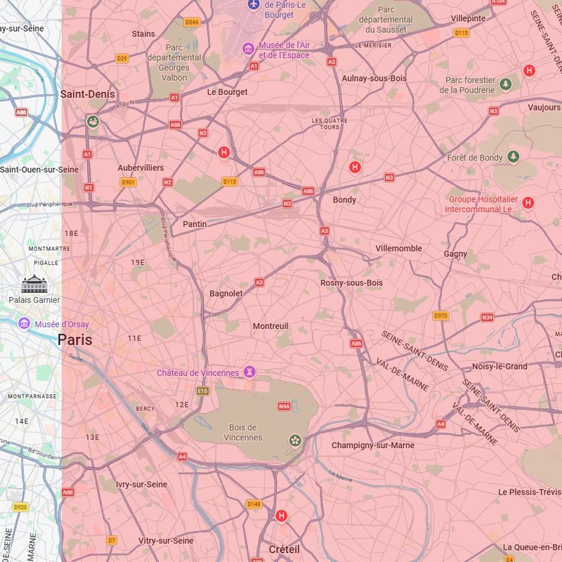 Carte de la zone d'intervention couvrant l'Est parisien et la Seine-Saint-Denis